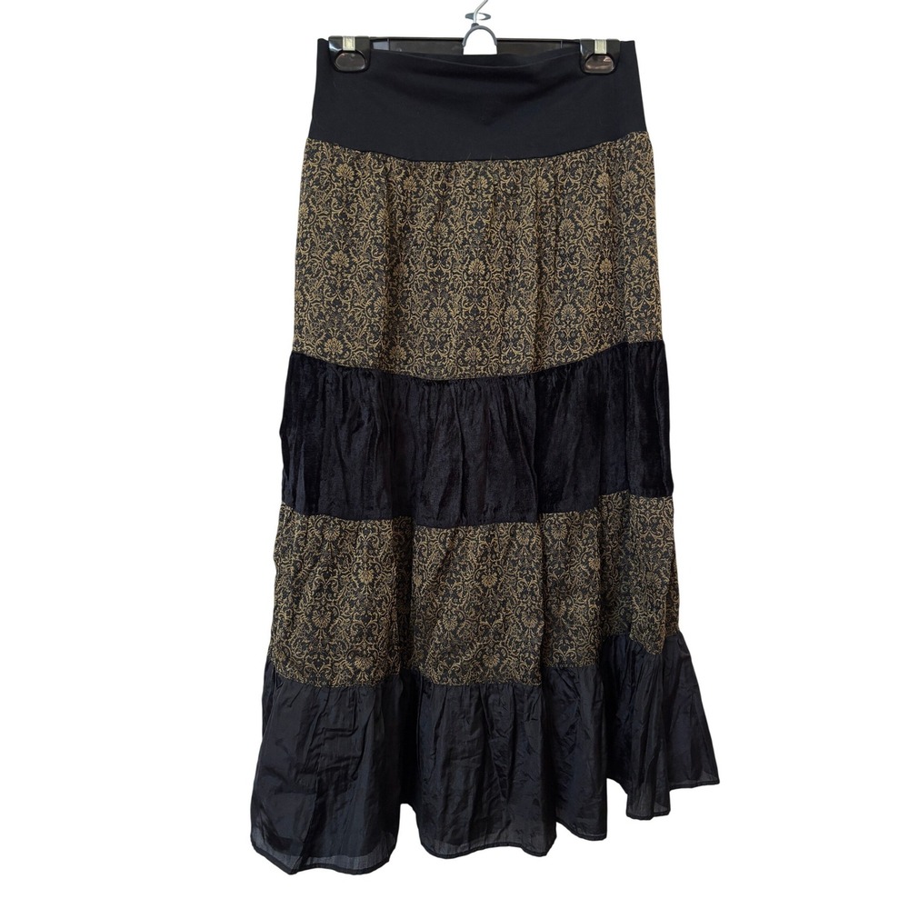 Y2K La Classe Couture Black Gold Damask Velvet Tiered Maxi Skirt Womens Medium
